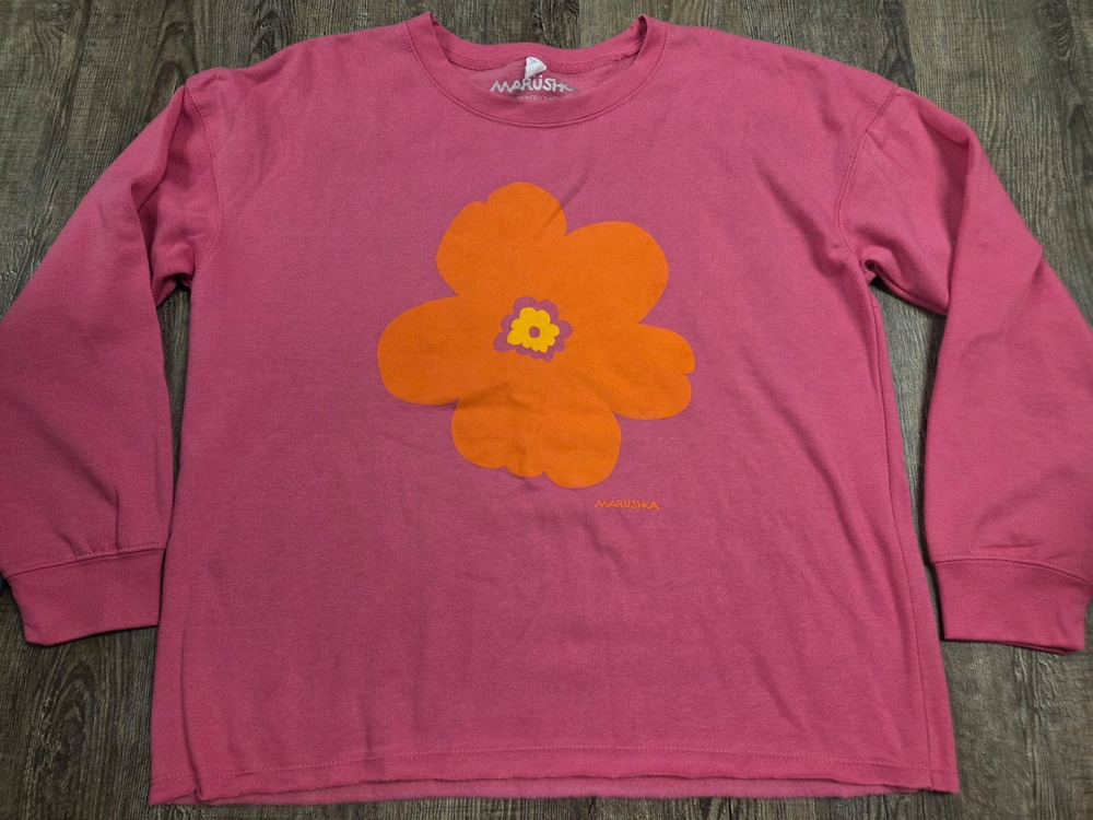 MARUSHKA Pink Long Sleeve Soft Crewneck Pullover Orange Flower Hand Printed M